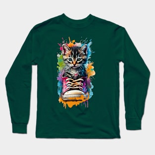 Cute Kitten In A Sneaker Watercolor Color Splash Design Long Sleeve T-Shirt